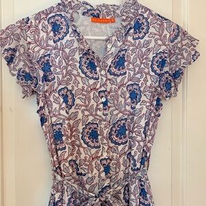 Oliphant White Floral-Print Button Front Tie-Waist Top